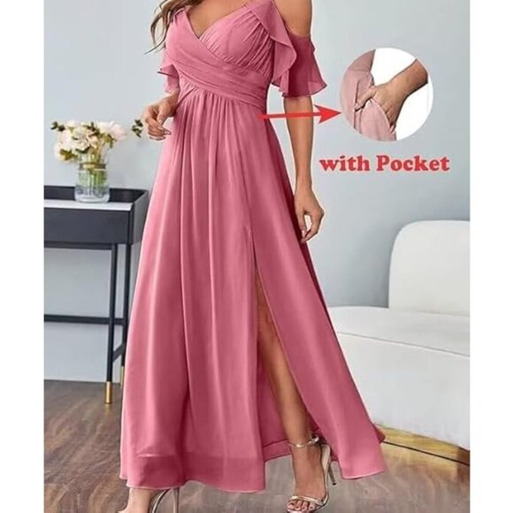 ABC DRESS Flutter-Sleeve Chiffon Formal Gown Maxi-Dress, Coral Pink - Picture 2 of 4